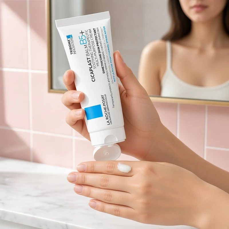 Illustration of hands squeezing a dot of white balm from an open La Roche-Posay Cicaplast Balm B5 tube onto the back of one hand in a pink-tiled bathroom.