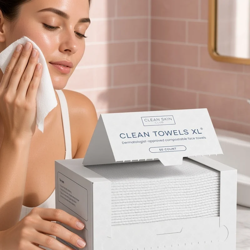 Illustration of a woman in a pink-tiled bathroom patting her cheek dry with a white disposable towel, her other hand resting on an open Clean Skin Club Clean Towels XL box.