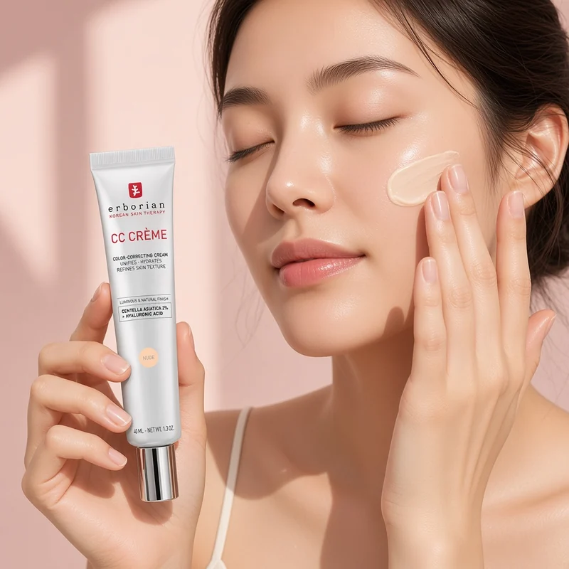 Illustration of a woman holding a silver Erborian CC Creme tube in Nude and blending beige tinted cream onto her cheek with her fingertips.