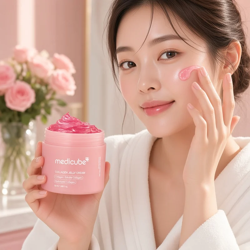 Illustration of a woman in a white robe holding an open pink medicube Collagen Jelly Cream jar in one hand and patting pink jelly cream onto her cheek with the other.