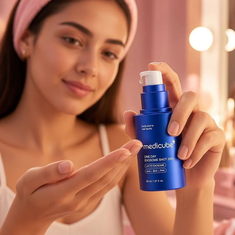 Illustration of a woman in a pink headband at a pink vanity at night holding a blue medicube One Day Exosome Shot 2000 bottle and pumping a drop of serum toward her fingertips.