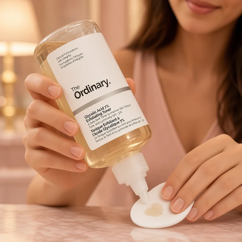 Illustration of a woman tipping a clear bottle of The Ordinary Glycolic Acid 7% Exfoliating Toner nozzle-down onto a cotton pad at a pink vanity in warm evening light.