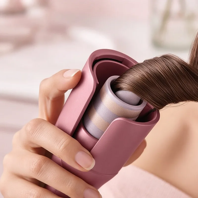 Illustration of a hand holding an automatic rotating curling iron with a curl forming, standing in for the TYMO CurlPro