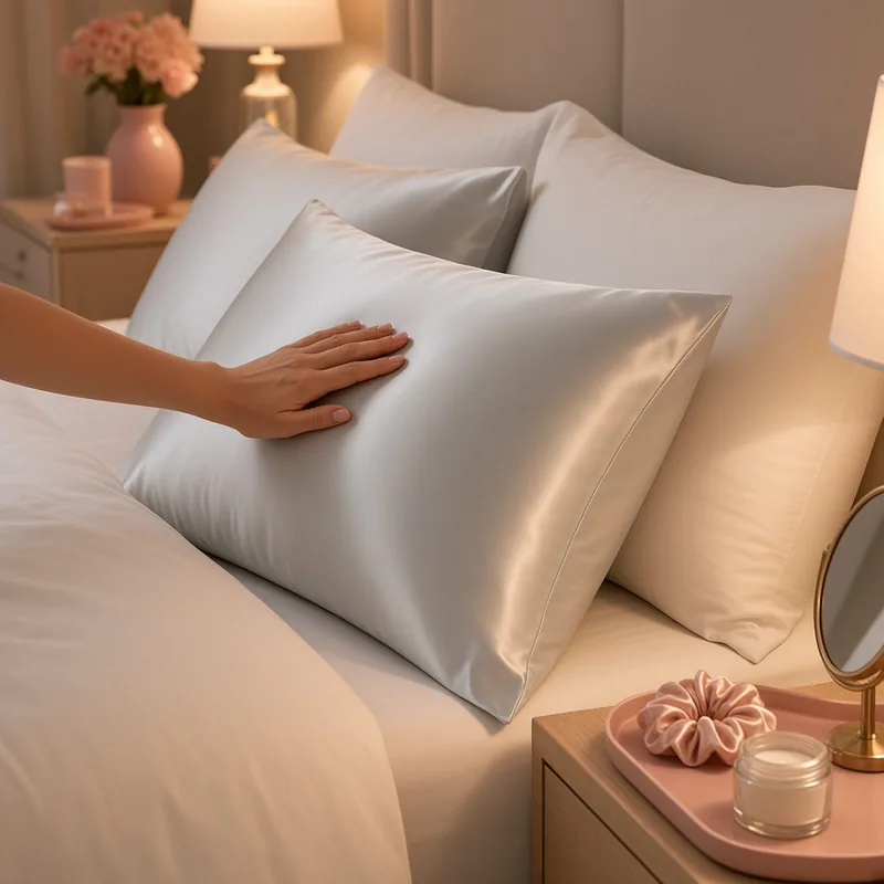 Illustration of a hand smoothing a silver grey satin pillowcase on a made bed, beside a nightstand with a blush pink tray holding a scrunchie and a jar of night cream.