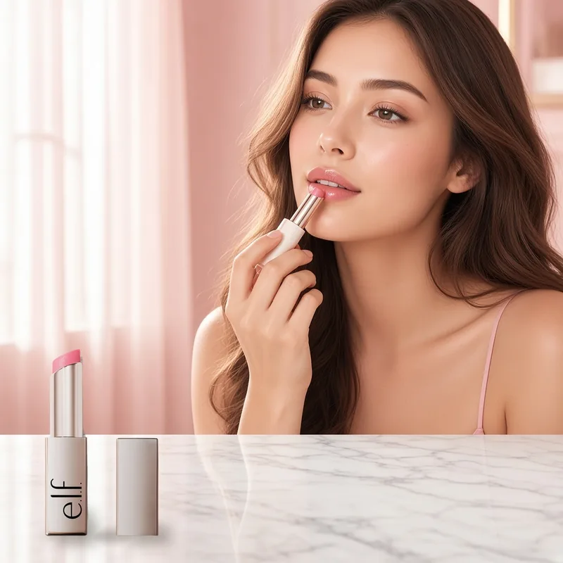 Illustration of a woman at a blush pink vanity applying a sheer pink lip oil stick, with the real e.l.f. Glow Reviver Lip Oil Stick and its cap standing on the marble counter.