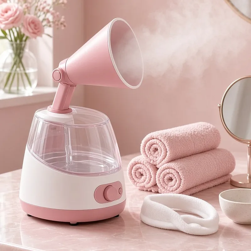 Illustration of a white and pink tabletop facial steamer with a clear tank and a cone-shaped hood releasing mist, standing in for the NanoSteamer