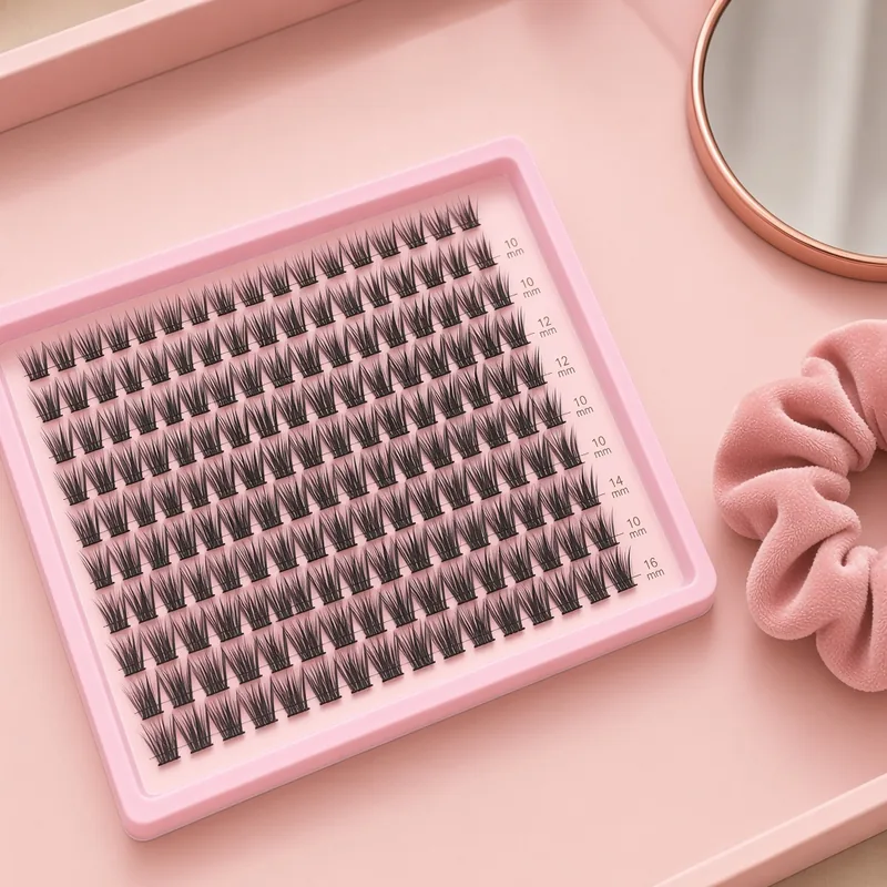 Illustration of a pink tray of black wispy cluster lashes in mixed lengths on a blush pink vanity, beside a round rose-gold mirror and a pink velvet scrunchie.