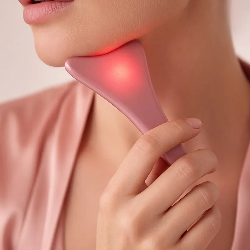 Illustration of a heart-shaped electric gua sha with a glowing red light panel on a vanity, standing in for the ZDEER GS5