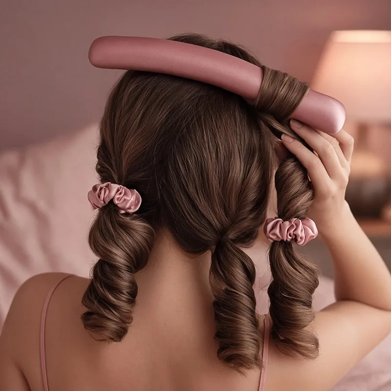 Illustration of a satin heatless curling rod and two scrunchies on a vanity, standing in for the Kitsch set