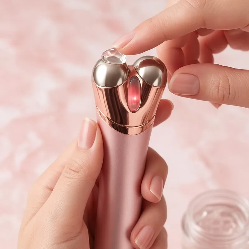 Illustration of a handheld facial device with a glowing red light head on a vanity, standing in for the INIA FLARE