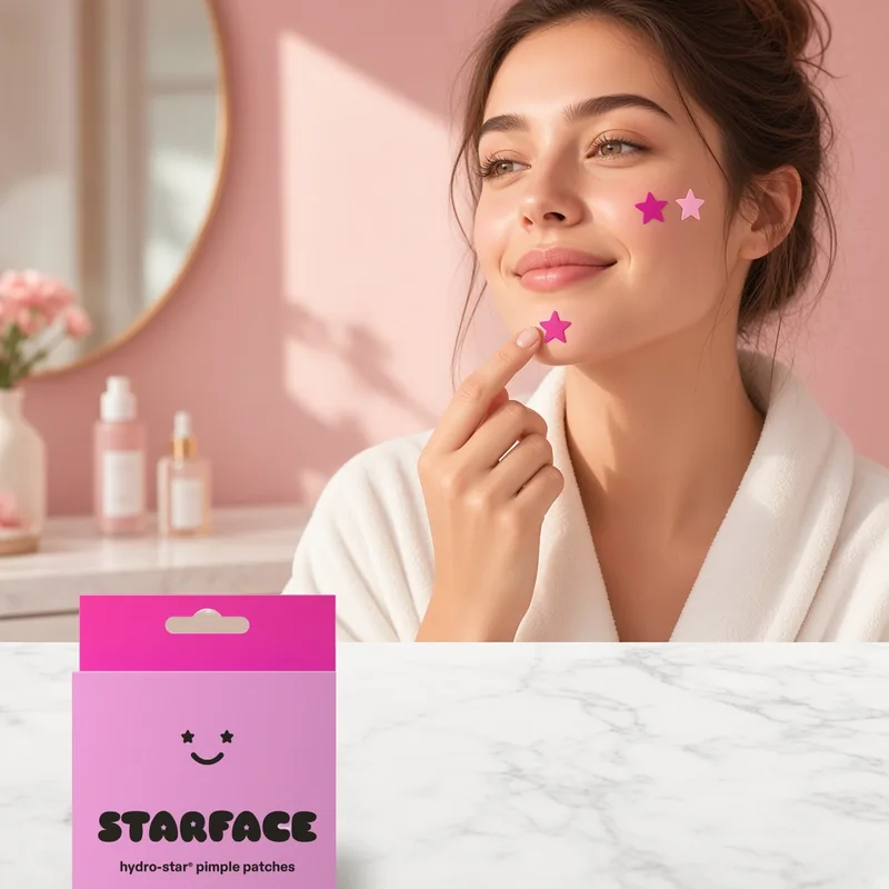 Illustration of a woman at a blush pink vanity pressing a pink star-shaped pimple patch onto her chin, with two more pink stars on her cheek and the real pink Starface Hydro-Star pack, its STARFACE label visible, in the foreground.