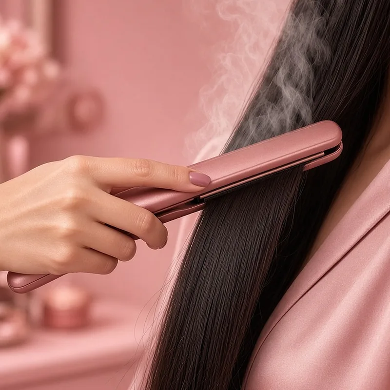 Illustration of a hand gliding a rose-colored steam flat iron down long dark hair, standing in for the Wavytalk Steam Sesh