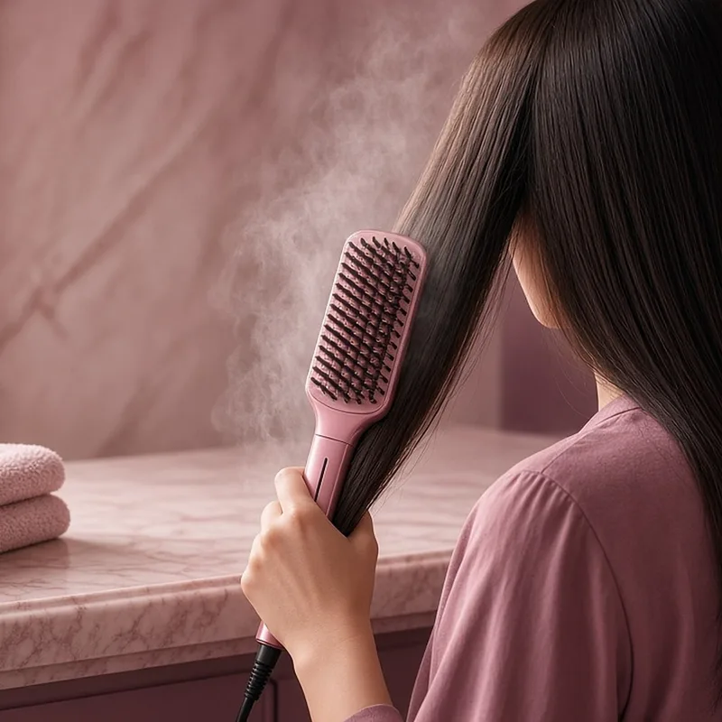 Illustration of a pink steam straightening brush combing through long dark hair with a light mist, standing in for the Wavytalk Steamline Pro
